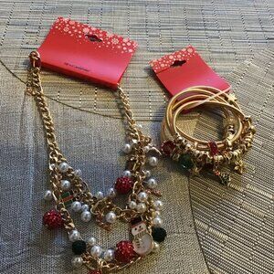Gold Tone Christmas Charm Necklace and 4 Piece Charm Bracelet Set--New